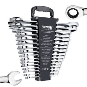 VEVOR Combination Wrench Set, 16-Piece Ratcheting Wrench Set with Organizer Rack, Cr-V Steel Wrench Set Metric 8 mm to 24 mm
